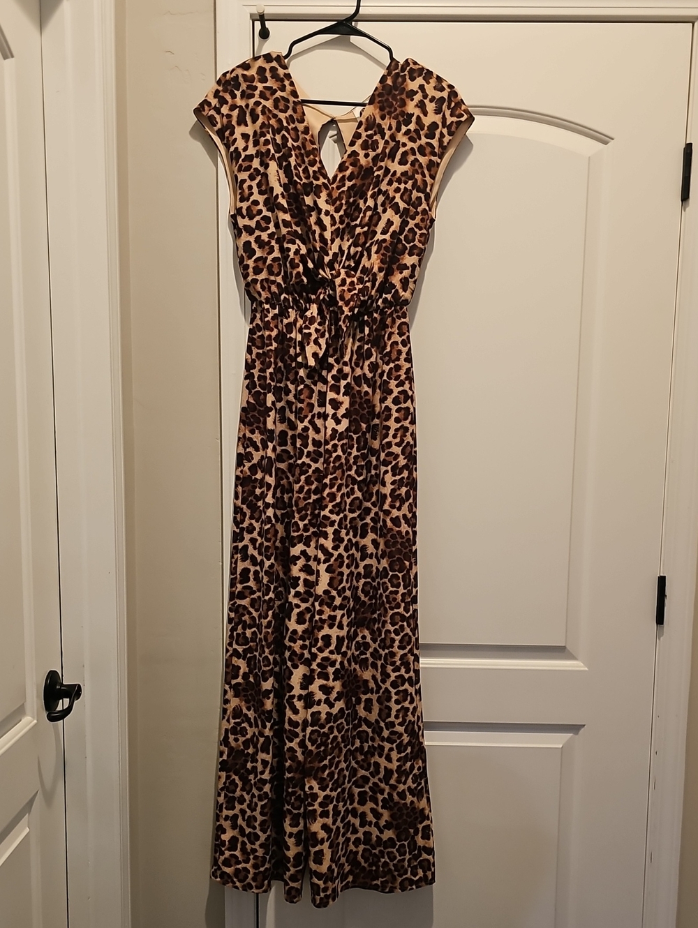 Leopard Print V-Neck Jumpsuit - Brown